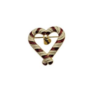 Vintage Olit USA Candy Cane Heart Dangle Bell Enamel Gold Tone Pin Brooch